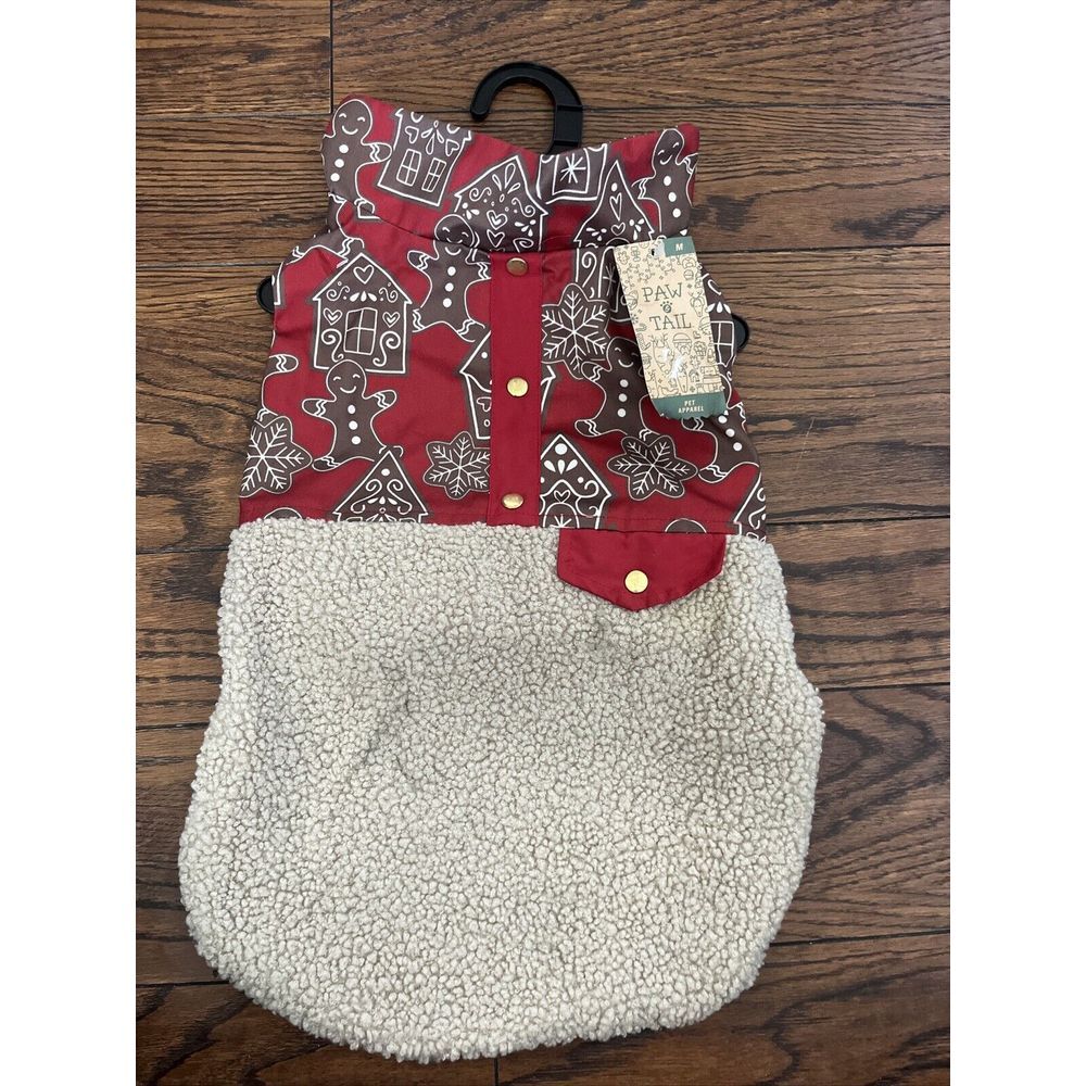 Paw & Tail Red Tan Fuzzy Gingerbread Houses Dog Vest Coat Medium‎
